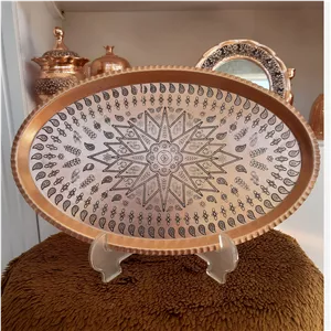 سینی مسی بیضی سایز 7 ترمه اندازه 39 در 25 سیاه قلم
