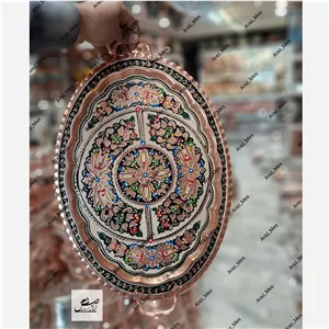 سینی مسی نقره و مینا بیضی دسته و پایه دار نانو نقره کوب میناکاری الماس