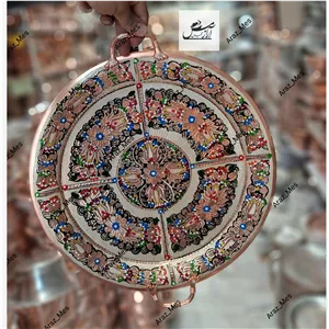 سینی مسی نقره و مینا گرد دسته و پایه دار نانو نقره کوب میناکاری الماس تراش  