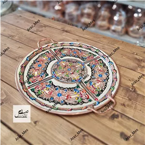 سینی مسی نقره و مینا گرد بدونه پایه نانو نقره کوب میناکاری الماس تراش دسته دار 