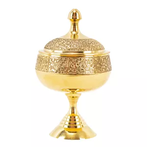 قندان برنجی قلم زنی پایه دار طرح طاووس، شکلات خوری برنجی قلم زنی ساخت هند، قندان برنزی، شکلات خوری برنزی هندی 