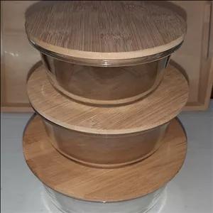 ظرف فریزری 3تیکه پیرکس وارداتی با درب چوب بامبو وواشر دار در3سایز کوچک و متوسط و بزرگ 