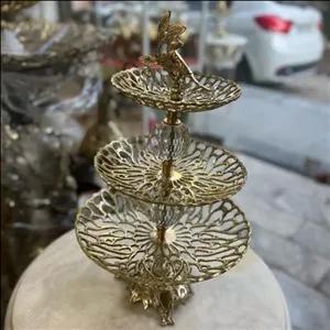 شیرینی خوری سه طبقه برنزی گوی کریستال 