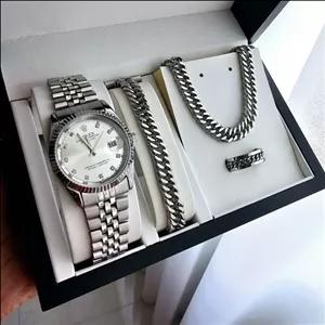 ست مردانه ساعت رولکس و نیمست مردانه گردنبند و دستبند نقره ای شیک  رنگ ثابت ساعت روزشماردار کد 77جدید 