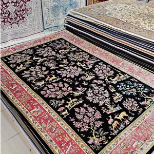 فرش ماشینی طرح شکارگاه ابریشمی،مشکی 22