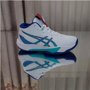 کتونی والیبال هندبال بسکتبال اسیکس اسکای الیت3 مسترکوالیتی ویتنام asics sky elite ff mt3 رنگ سفید فیروزه ای سورمه ای 