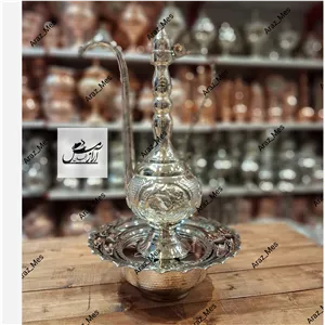 آفتابه لگن مسی توپی قلم زنی کروم آفتابه و لگن نقره ای سفید طرح دار  زنجان 