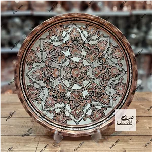 سینی چایی مسی نقره کوب نانو الماس تراش گرد ( قطر 37 ) سایز سه