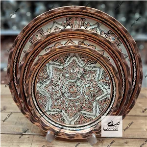 سینی چایی مسی نقره کوب نانو الماس تراش گرد ( قطر 27 ) سایز یک