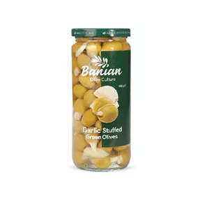 زیتون با مغز سیر شیشه 460 گرم بانیان - 6260963200723