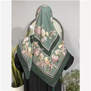 روسری کرپ نخ گل و پاپیون سبز قواره 140 میس رز