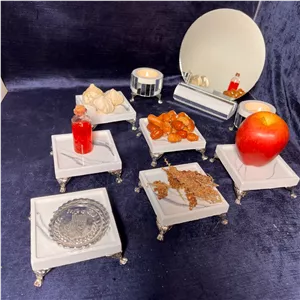 ست هفت سین طرح سنگ سفید نقره ای  پایه دار سنگ مصنوعی 9 تکه