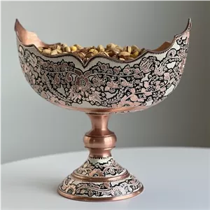 کشکول دلبری مس نقره کوب الماس تراش زنجان بزرگ (میوه خوری، آجیل خوری)