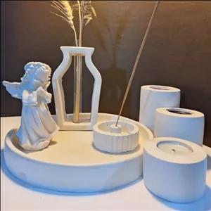 ست  فرشته 2 سنگ مصنوعی شامل سینی گرد ، جاشمعی استوانه ،جاعودی گرد ،گلجای کوزه ای بزرگ 