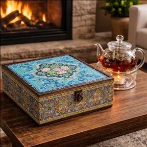 جعبه چوبی دمنوش بدلیجات دکوپاژ رزین طرح کاشی