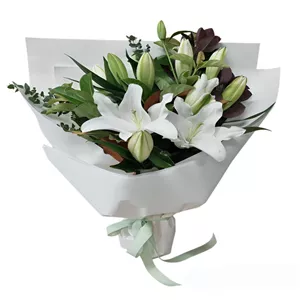 دسته گل لیلیوم سفید اورینتال 50 35 50 4 شاخه