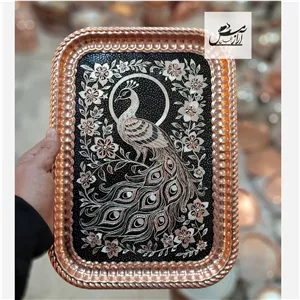 سینی مسی الماس نقره تراش نانو لبه بندانگشتی گل و مرغ زنجان