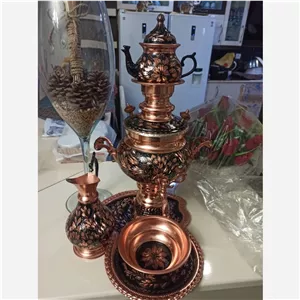سماور مسی سیاه قلم الماس تراش حجم 4 لیتری ارتفاع 40 بدون قوری با کلیه سرویس 5 تیکه قوری،پارچ،سینی و.. در مس زنجان نمونه
