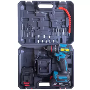 دریل پیچ گوشتی چکشی شارژی براشلس 10 میلی متری 228 ولت جاب مدل JB-228 FX MAX مجموعه 45 عددی