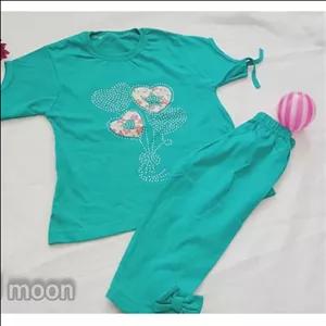 تیشرت شلوارک پاپیون جلو کار شده تک رنگ سبز آبی تک سایز 