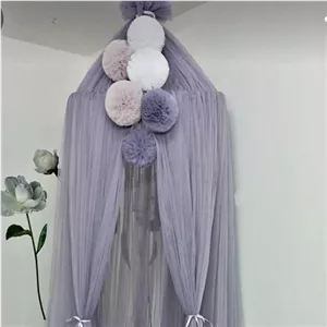 تور تخت خواب بسیار شیک طوسی با پوم پوم های رنگی 