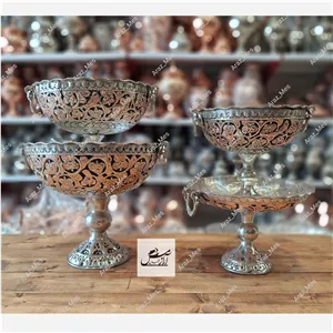 سرویس پذیرایی جام قلم زنی الماس تراش شده دوروقلع نقره ای سفید درجه یک مدل شماره دو دورنگ 4 تیکه 