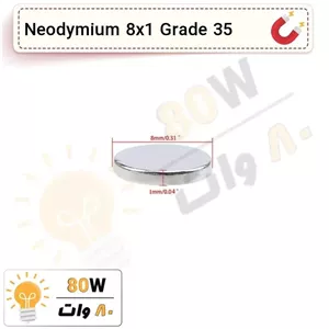 آهنربا گرد (استوانه - دیسک) نیودیمیوم  8x1 ND گرید 35