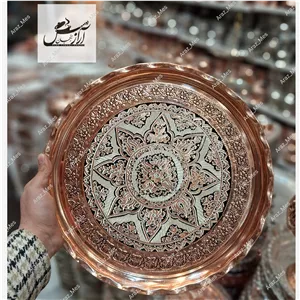 سینی چایی مسی گلبرگ نانو نقره کوب تراش طرح گل برجسته رزگل گرد ( قطر 32 ) سایز دو الماس تراش 