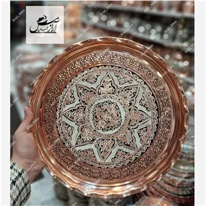 سینی چایی مسی گلبرگ(قطر37) نقره کوب تراش نانو طرح گل برجسته رزگل گردسایز سه الماس تراش 