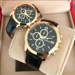 ست ساعت رومانسون بند چرم مشکی قاب طلایی با 12 ماه گارانتی موتور