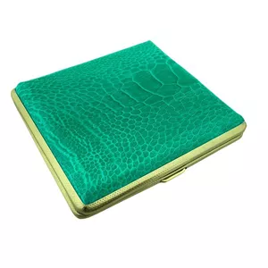 کیف سیگار چرم طبیعی شترمرغ قالب استیل رنگ سبزفیروزه ای 