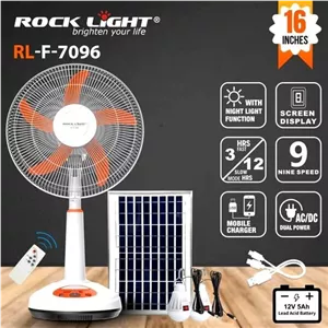 پنکه شارژی ایستاده روکی لایت مدل RL-F-7096 با قابلیت شارژ خورشیدی و پنل خورشیدی دار