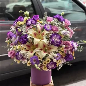 سبدگل لیسیانتوس بنفش گل لیلیوم  (گلفروشی تربت حیدریه آلپینا)