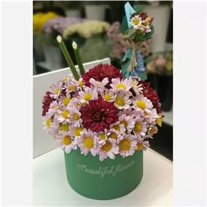 باکس گل مینیمال داودی یاسی و قرمز(گلفروشی تربت حیدریه آلپینا)