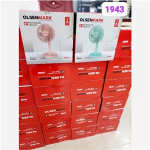 پنکه اولسن مارک مدل omf1943 دارای هولدر موبایل و قابلیت چرخش و باتری لیتیومی 3.7ولت 3600 میلی آمپر و دارای سه سرعت باد
