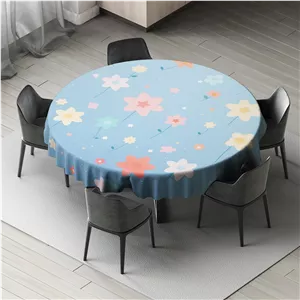 رومیزی مخمل دایره طرح گل و ستاره با زمینه آبی  مدل 0063 باقطر 140