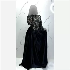 پیراهن مجلسی زنانه مدل ترمه با دامن ساتن آمریکایی و بالاتنه گل برجسته ترک رنگ مشکی