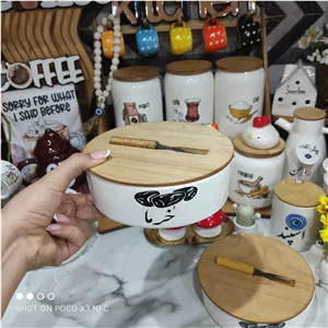 ظرف سرو خرما سرامیکی درب چوبی طرح گرد زیبا