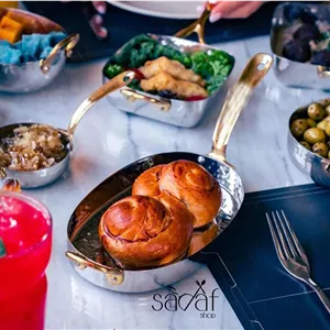 ظرف سرو بیضی دسته برنجی 22 سانت استیل چکشی هندی (یک عددی)