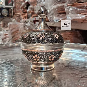 قندان مسی گلبرگ کروم تراش دورنگ نانو طرح رزگل لاله بدون پایه درب دار نقره ای الماس تراش سفید زنجان