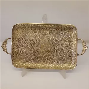 سینی مستطیل طرح طاووس دسته دار و پایه دار 12 اینچ سایز متوسط