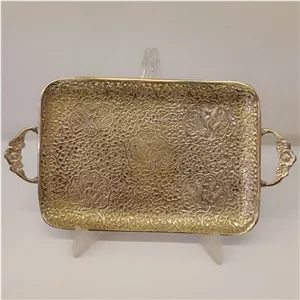 سینی مستطیل طرح طاووس دسته دار و پایه دار 14 اینچ برنجی