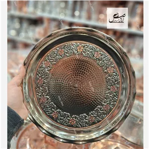سینی چایی مسی گلبرگ کروم الماس تراش طرح گل برجسته رزگل گرد نقره ای ( قطر 31 ) دورنگ نانو