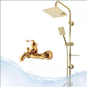 علم دوش حمام استیل همراه با شیر حمام بامبو رنگ طلایی شیرالات برند اندیکا