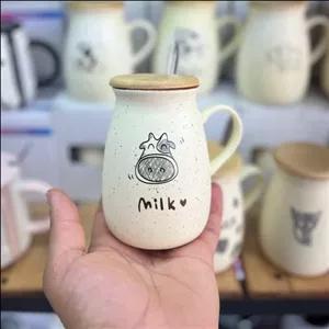 ماگ سرامیکی در بامبو طرح گاو و شیر و میلک همراه با قاشق، ماگ درچوبی