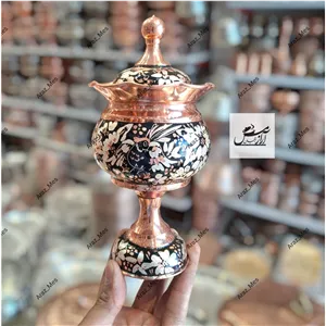 قندان مسی لب چین الماس تراش نقره کوب مشکی نانودرجه یک پایه دار مس نقره الماس تراش سیاه زنجان