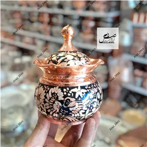قندان مسی الماس تراش مشکی نقره کوب لب چین نانو بدونه پایه مس سیاه قلم زنجان