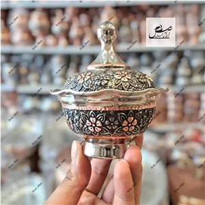 قندان مسی گلبرگ کروم تراش دورنگ نانو طرح رزگل لاله بدون پایه درب دارنقره ای الماس تراش سفید زنجان