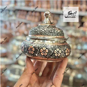 قندان مسی گلبرگ کروم الماس تراش دورنگ بدون پایه درب دار آفتابگردان سفینه ای طرح نقره ای زنجان 