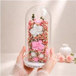 باکس شیشه ای شمع گل جاودان طرح ارکیده و شمع قلمی